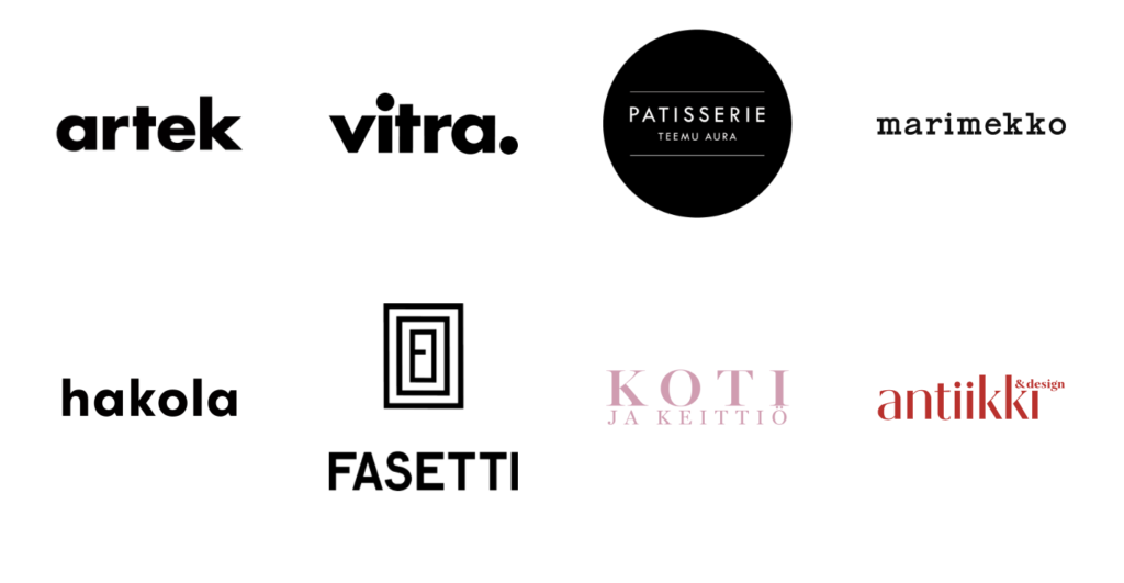 Artek, Vitra, Patisseri Teemu Aura, Marimekko, Hakola, Fasetti, Koti ja Keittiö, Antiikki.