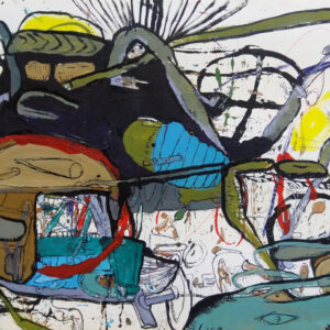 Still life with blue sleepingbag and brown helmet